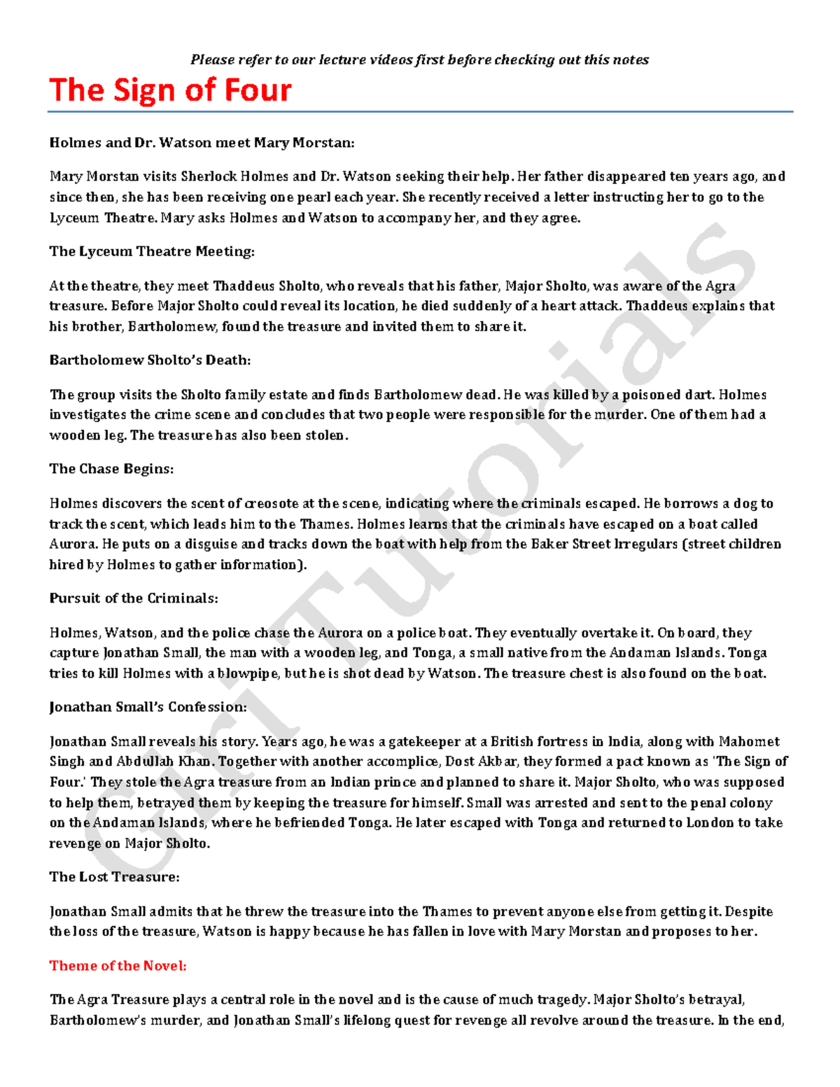 The Sign of Four: Lecture Notes on Key Plot Points and Themes - Studocu
