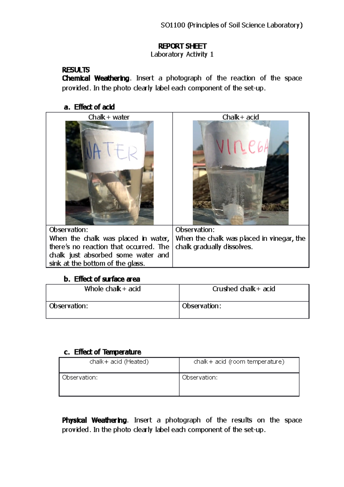 Lab 1 (Soils): Chemical & Physical Weathering Experiments Draft - Studocu