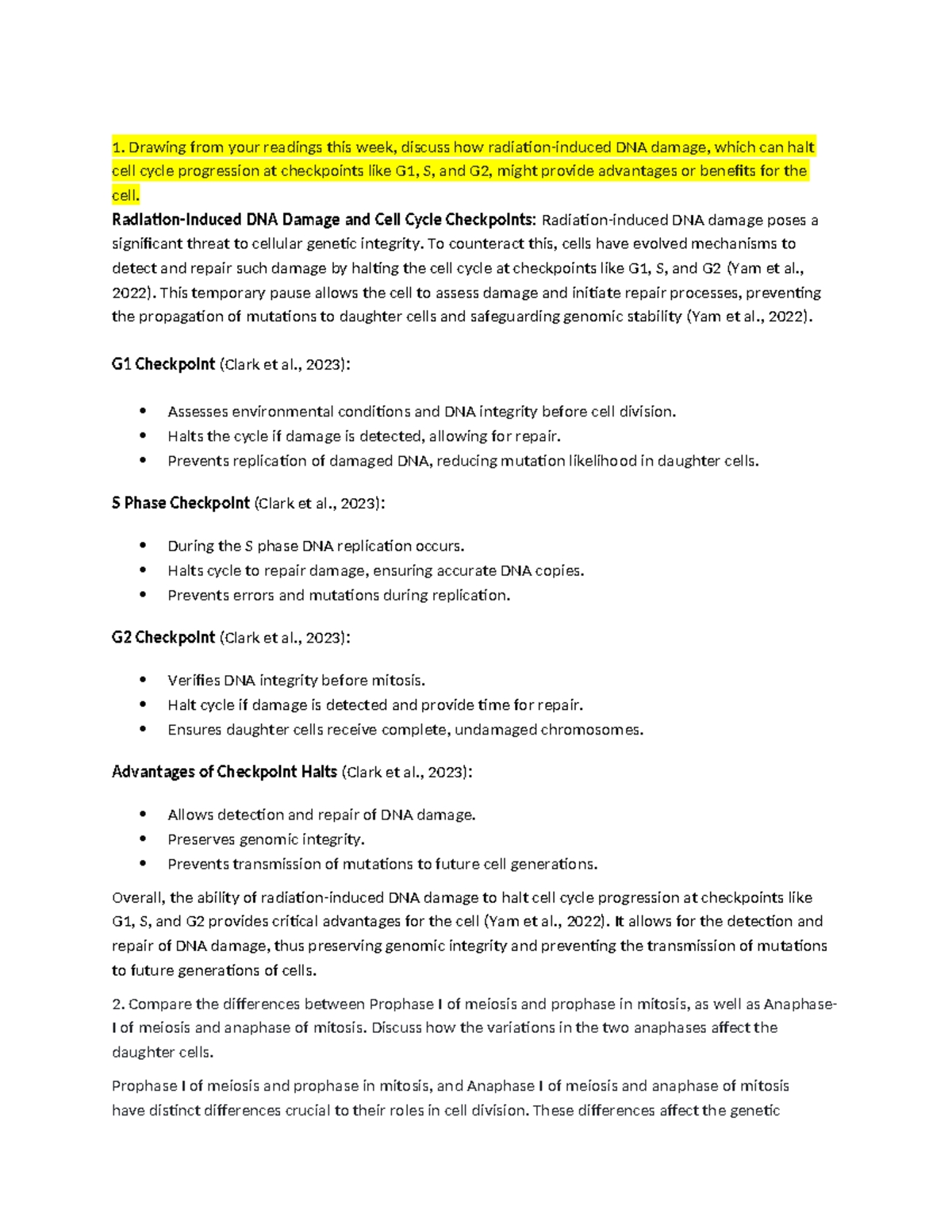 Discussion unit 6: DNA damage, cell cycle checkpoints, and meiosis vs ...
