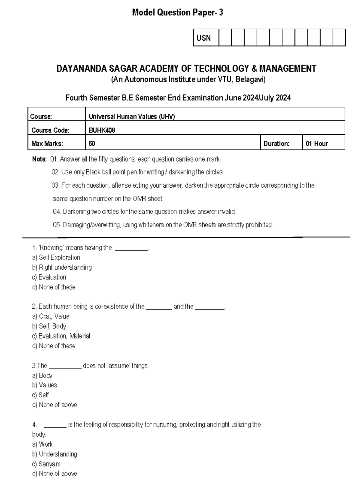 BUHK408-UHV Model Question Paper 3 for Semester End Exam June 2024 ...