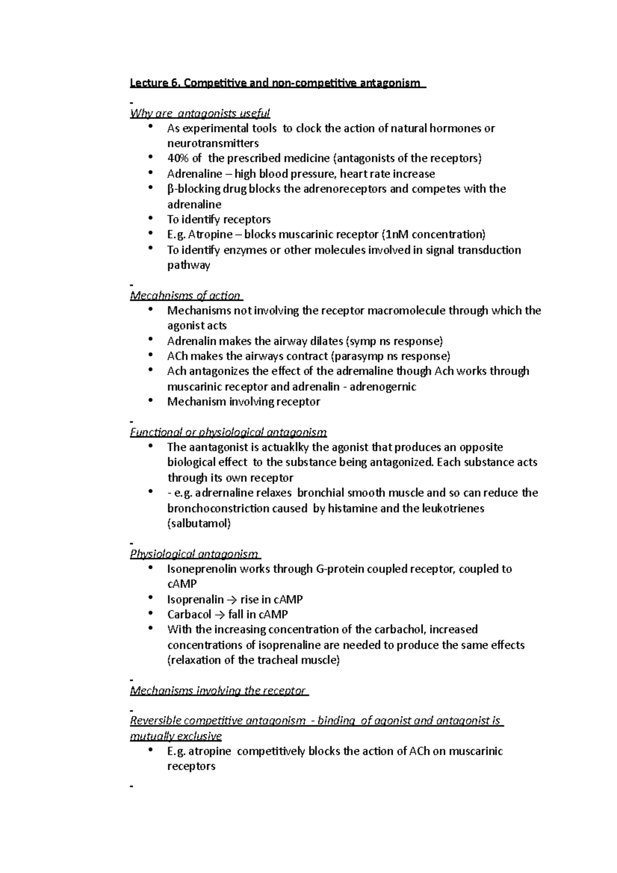 Lecture 6: Competitive and Non-competitive Antagonism Overview - Studocu