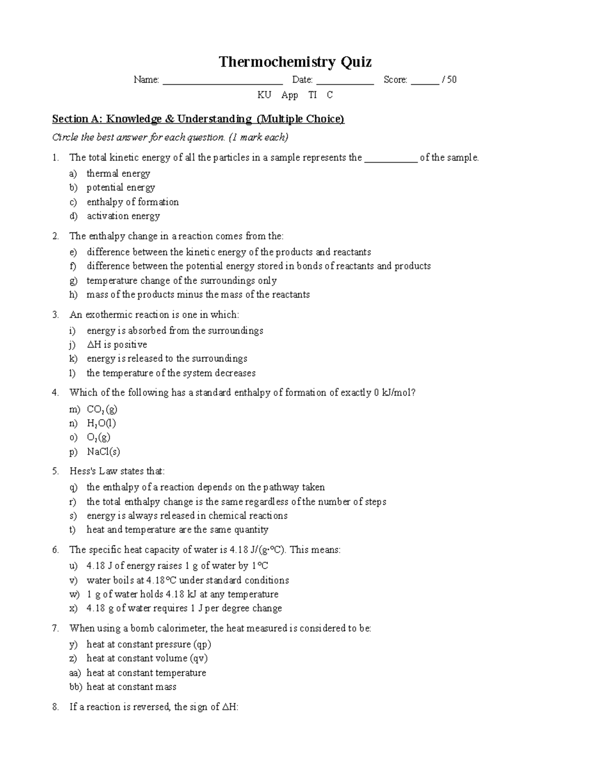 Thermochemistry Quiz (Course Code: KU) - Key Concepts and Answers - Studocu