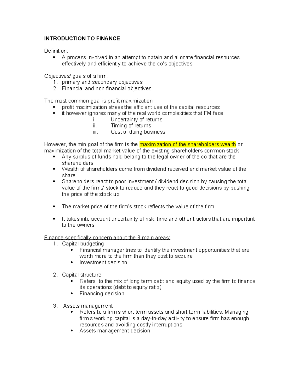Notes on Chapter 1 - Introduction to Finance and Key Concepts - Studocu