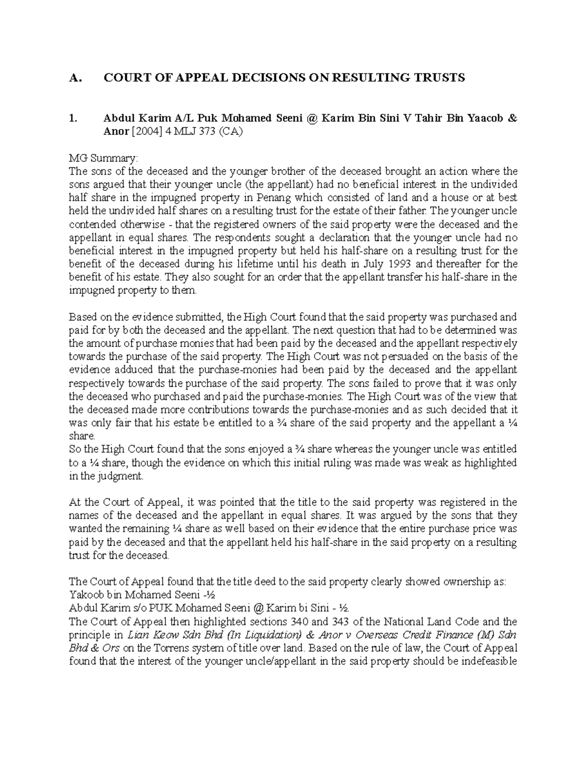 Final Exam Cases on Resulting Trust Law (Course Code: LAW123) - Studocu