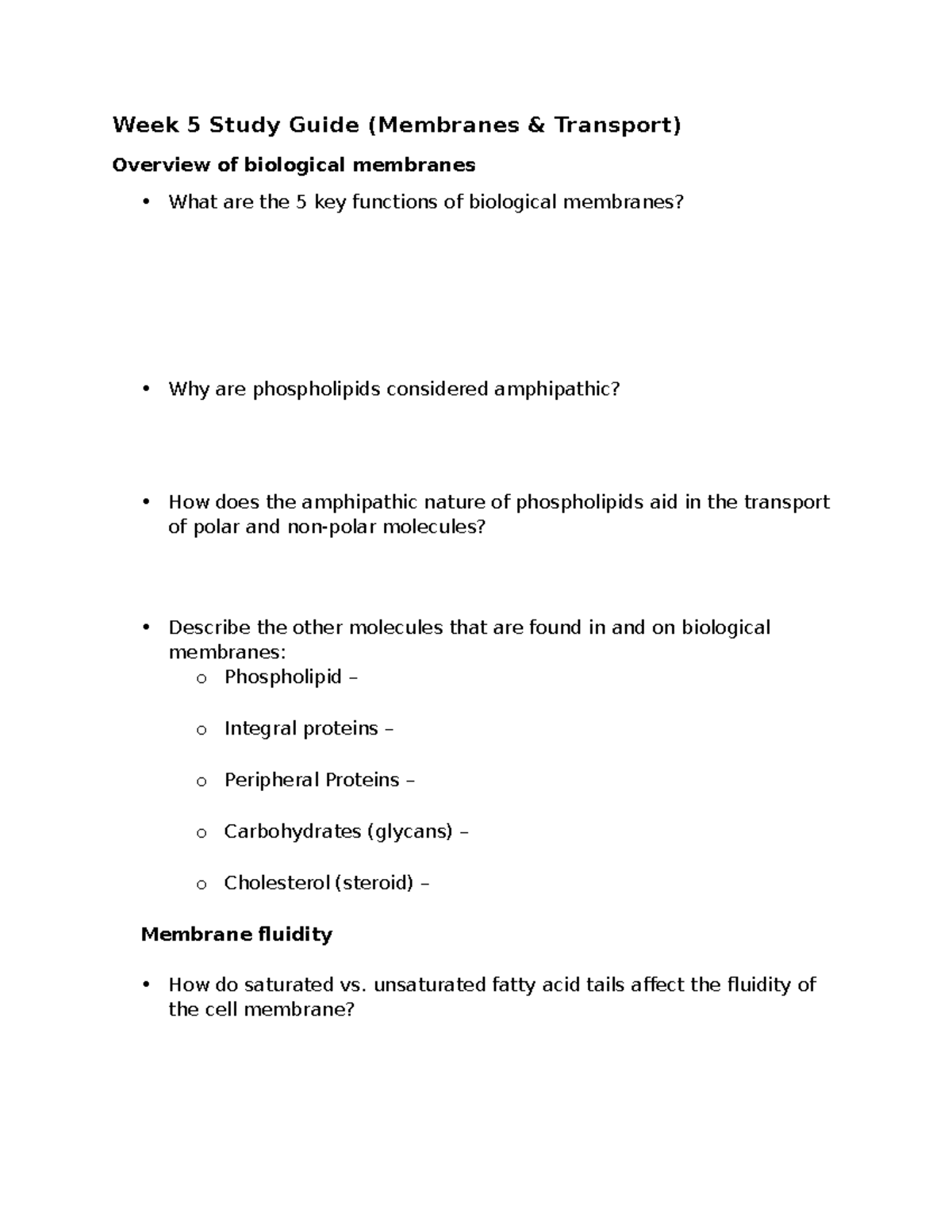 Week 5 Study Guide (Bio 101): Membranes, Transport & Functions - Studocu