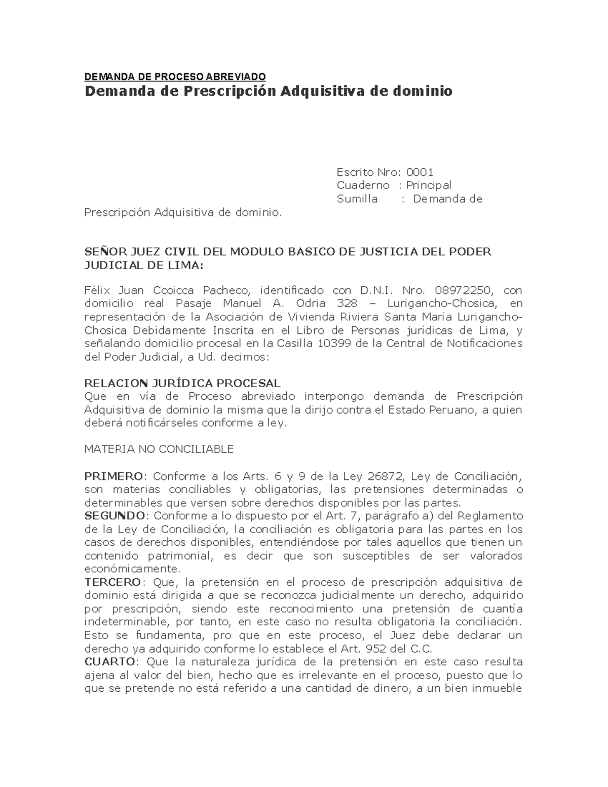 Demanda de Proceso Abreviado en procesal civil ejemplo - Document Preview