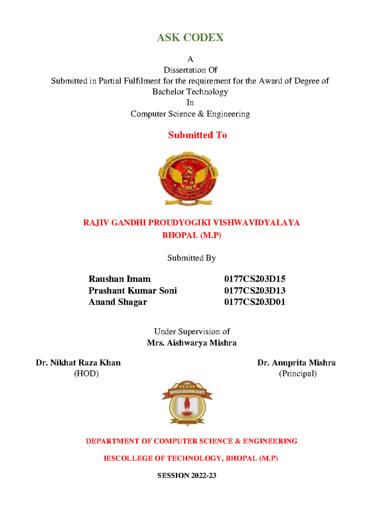 ASK CODEX: Major Project Report for B.Tech in CSE (0177CS203D) - Studocu