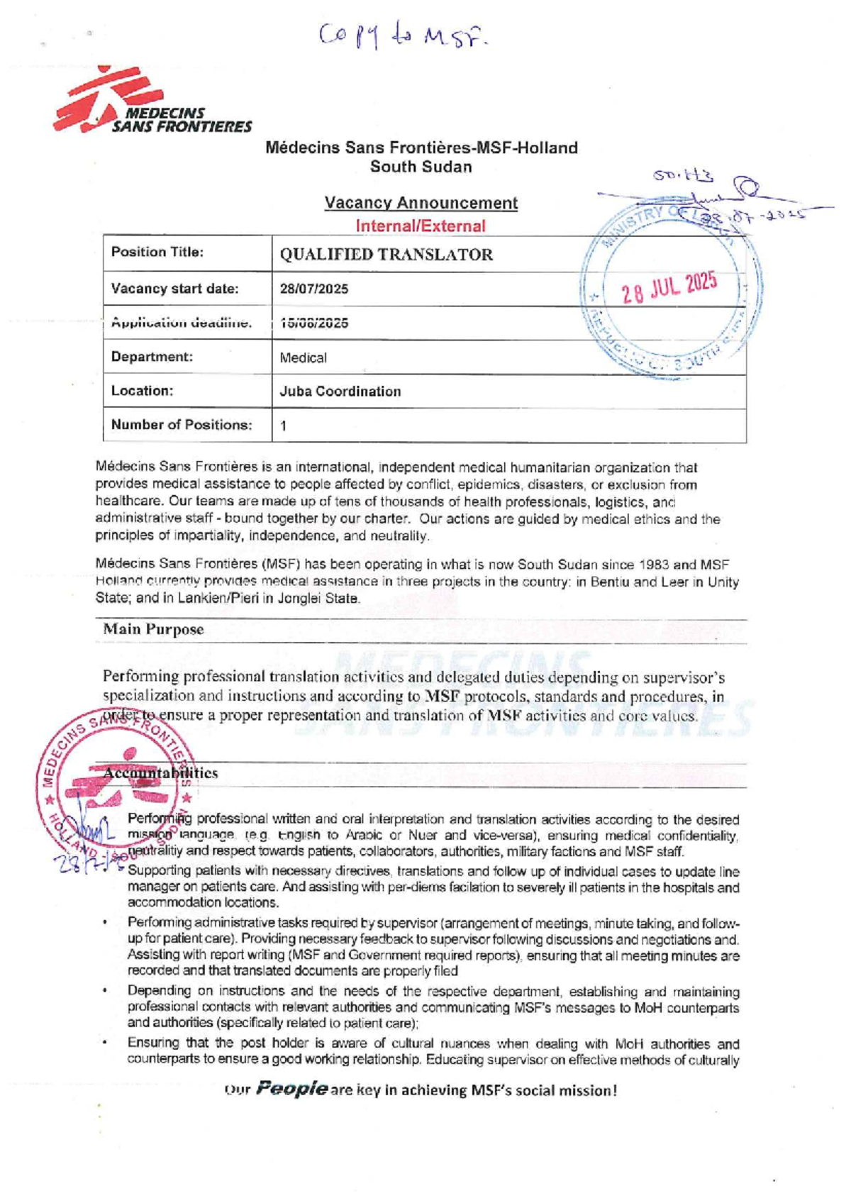 MSF 50.H3 Vacancy Announcement: Qualified Translator Position - Studocu