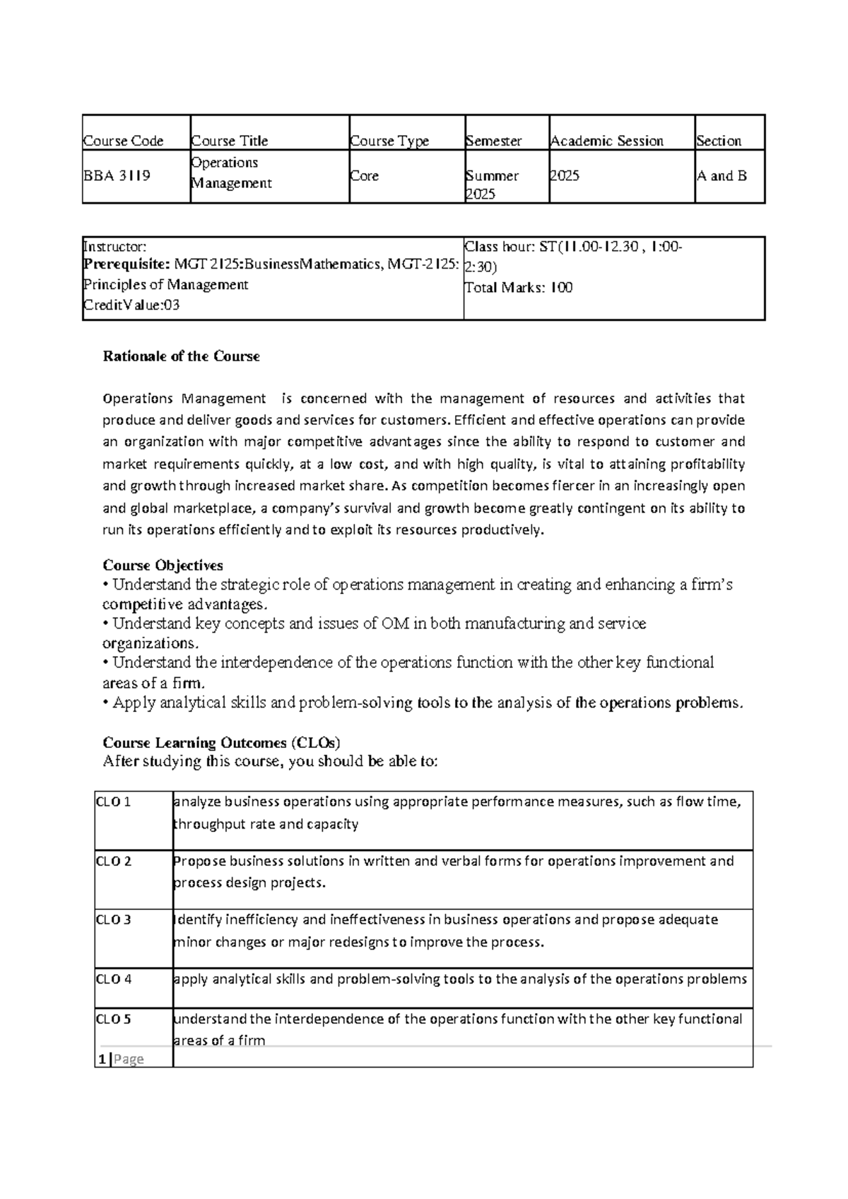 BBA 3119 Operations Management Course Outline - Summer 2025 - Studocu