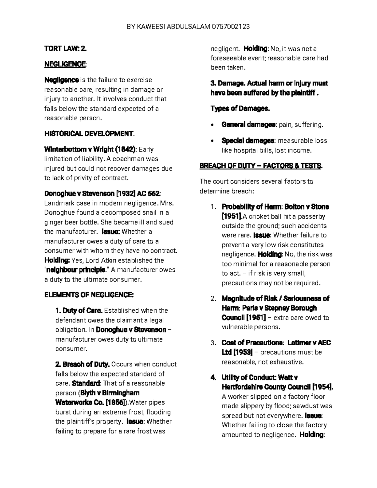 Tort Law 2 Summary: Key Concepts in Negligence and Liability - Studocu