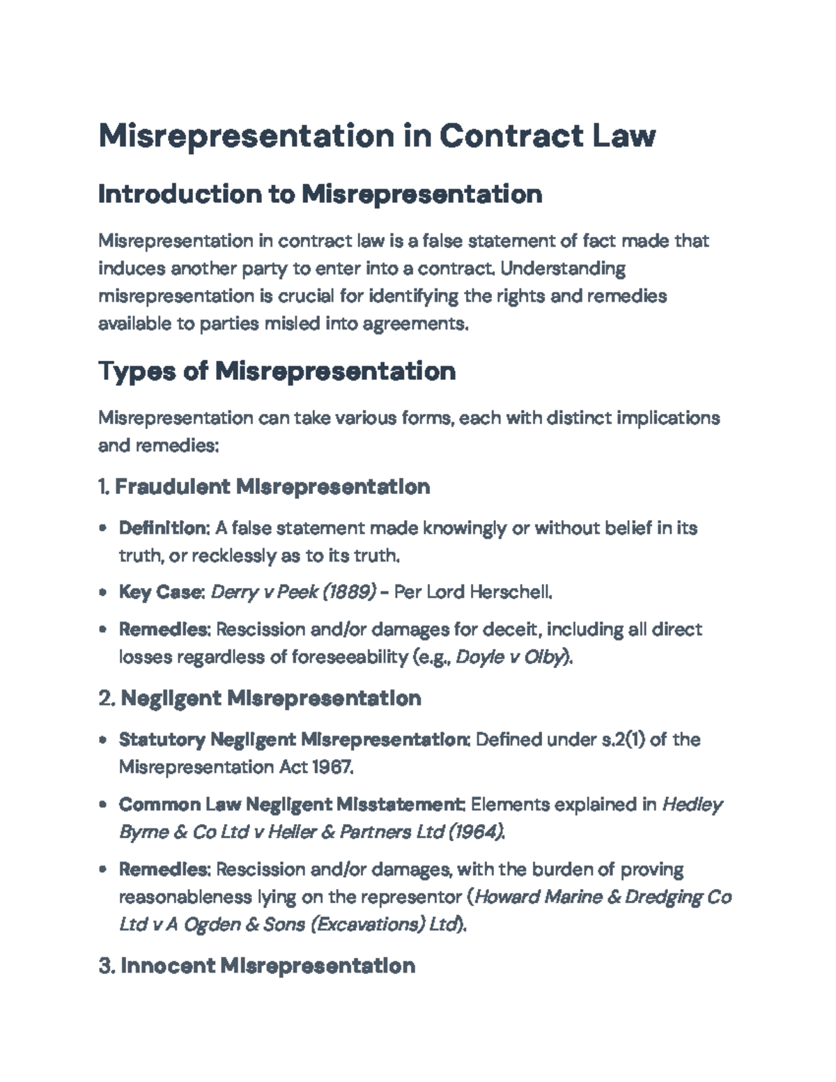 Misrepresentation in Contract Law: Types, Remedies, and Case Analysis ...