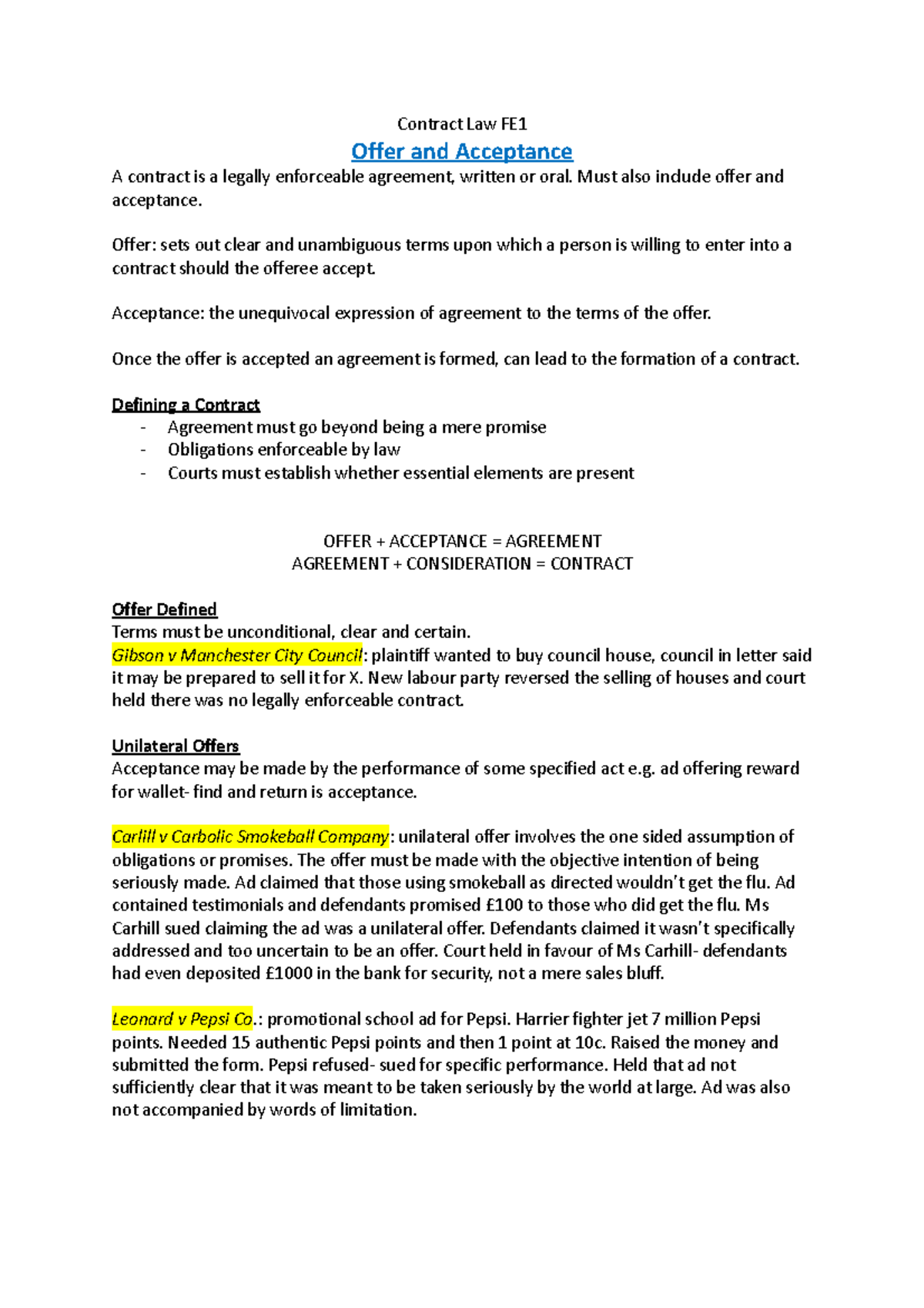 Contract Law FE1: Understanding Offer and Acceptance in Contracts - Studocu