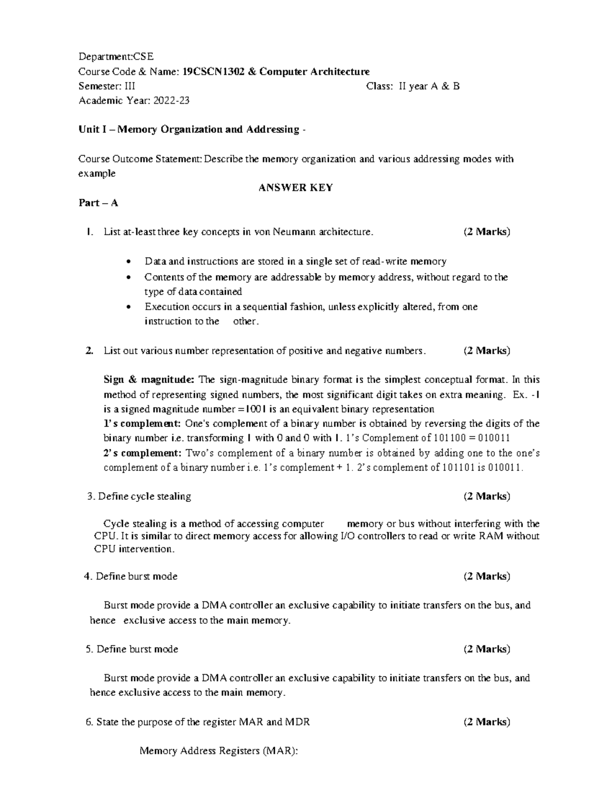 Unit I Answer Key - CSE 19CSCN1302 Computer Architecture - Sem III ...
