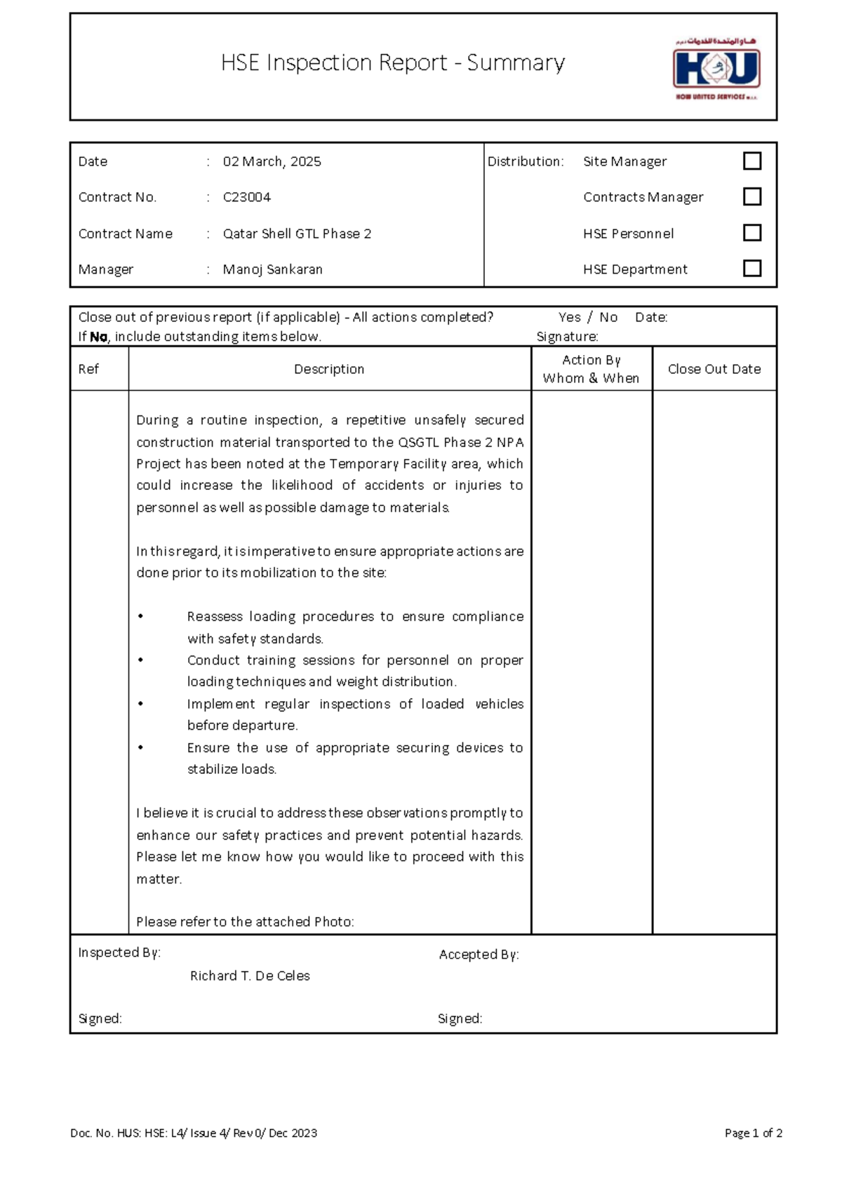 L4 - HSE Inspection Report Summary - Safety Observations & Actions ...