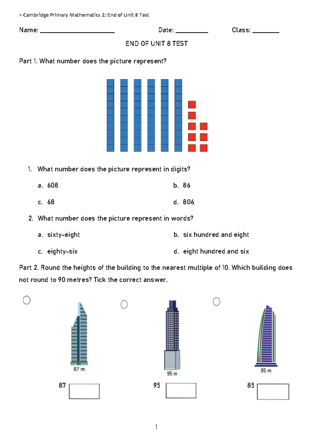 CPM2: End of Unit 8 Test - Cambridge Primary Mathematics 2 - Studocu