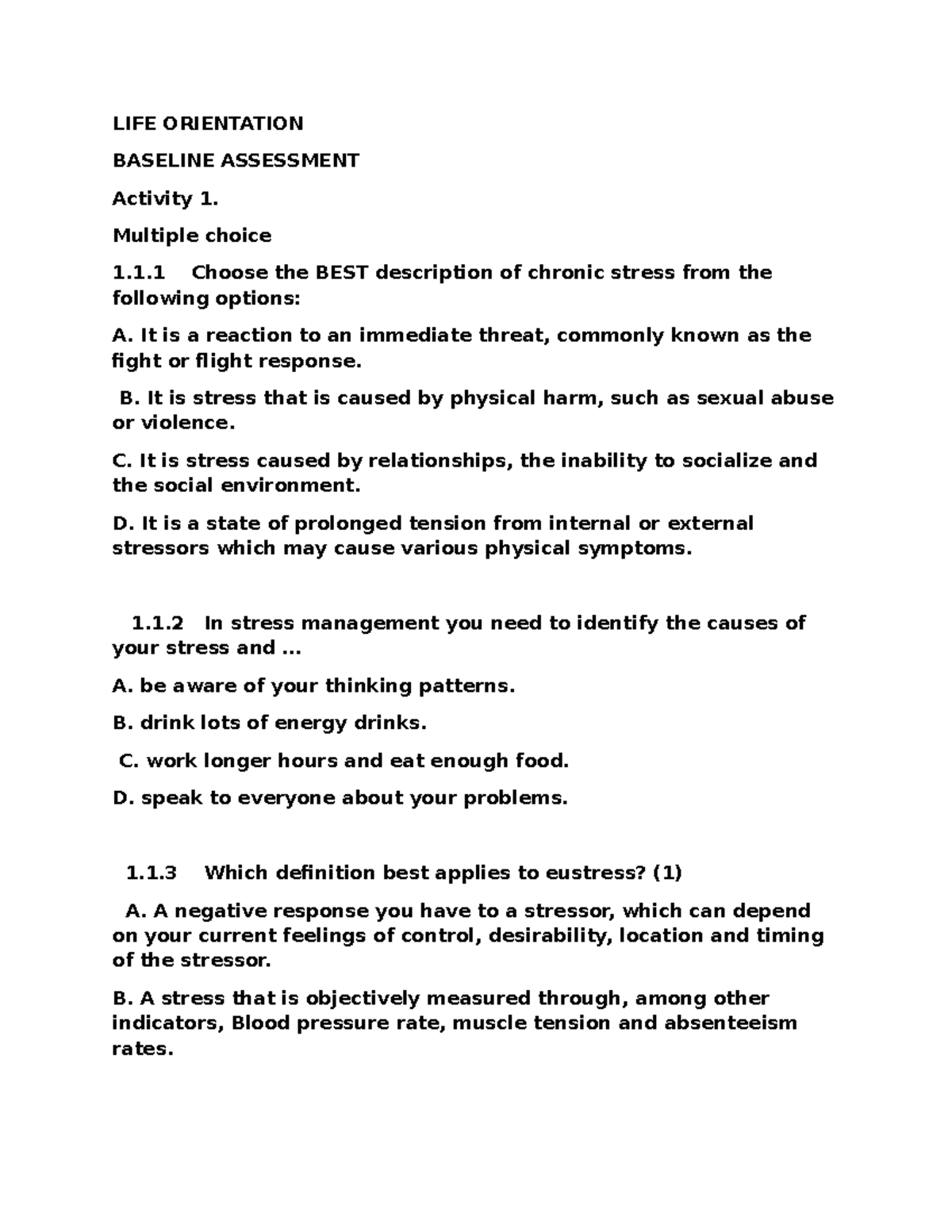 LIFE ORIENTATION LOA101 Baseline Assessment: Stress Concepts ...