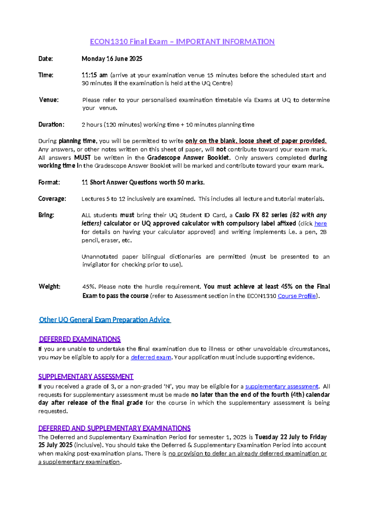 Final Exam Timetable Uq