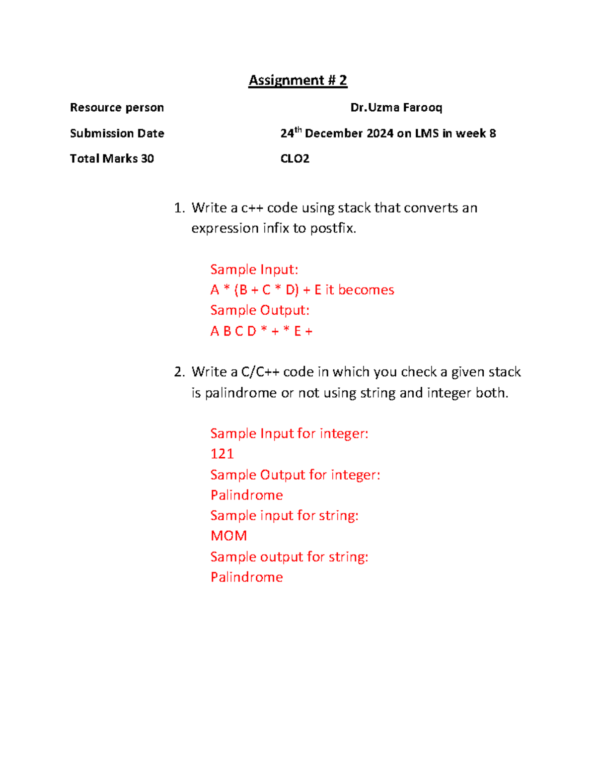 Assignment 2: Queue and Stack Concepts with Dr. Uzma Farooq - Studocu