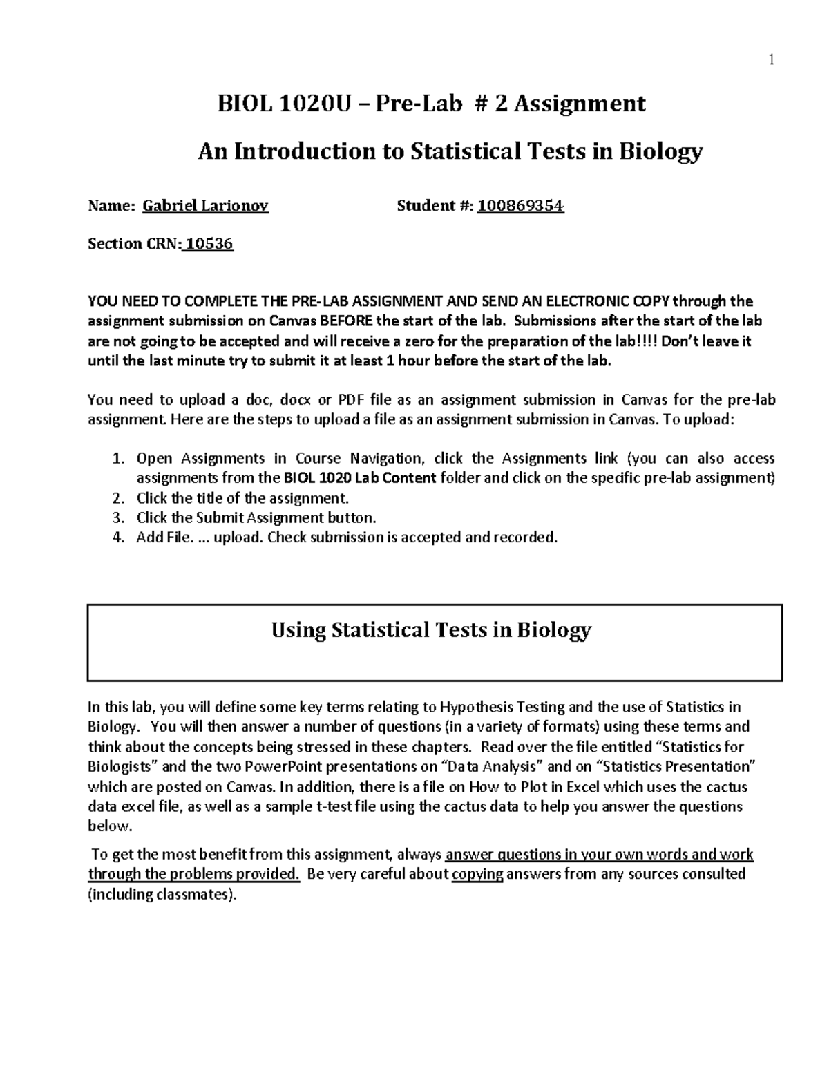 Lab 2 Pre-lab Assignment 2023 - BIOL 1020U – Pre-Lab # 2 Assignment An ...