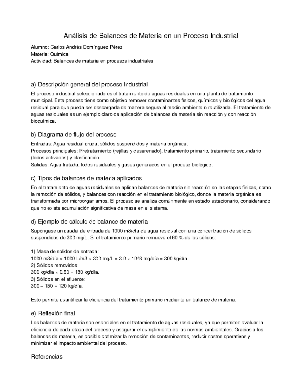 Balances de Materia en Tratamiento de Aguas Residuales - Química - Studocu
