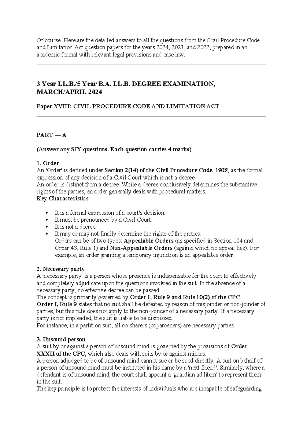 Civil Procedure Code & Limitation Act: Detailed Answers for 2024 B.A ...