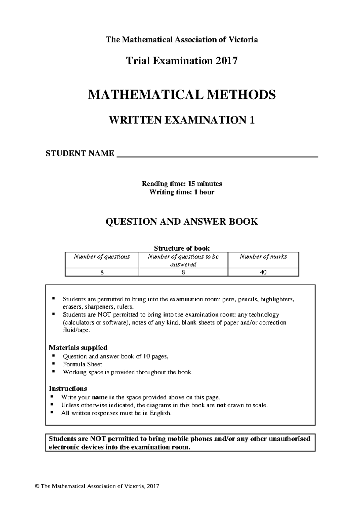 [Methods] 2017 MAV Exam 1 - The Mathematical Association of Victoria ...