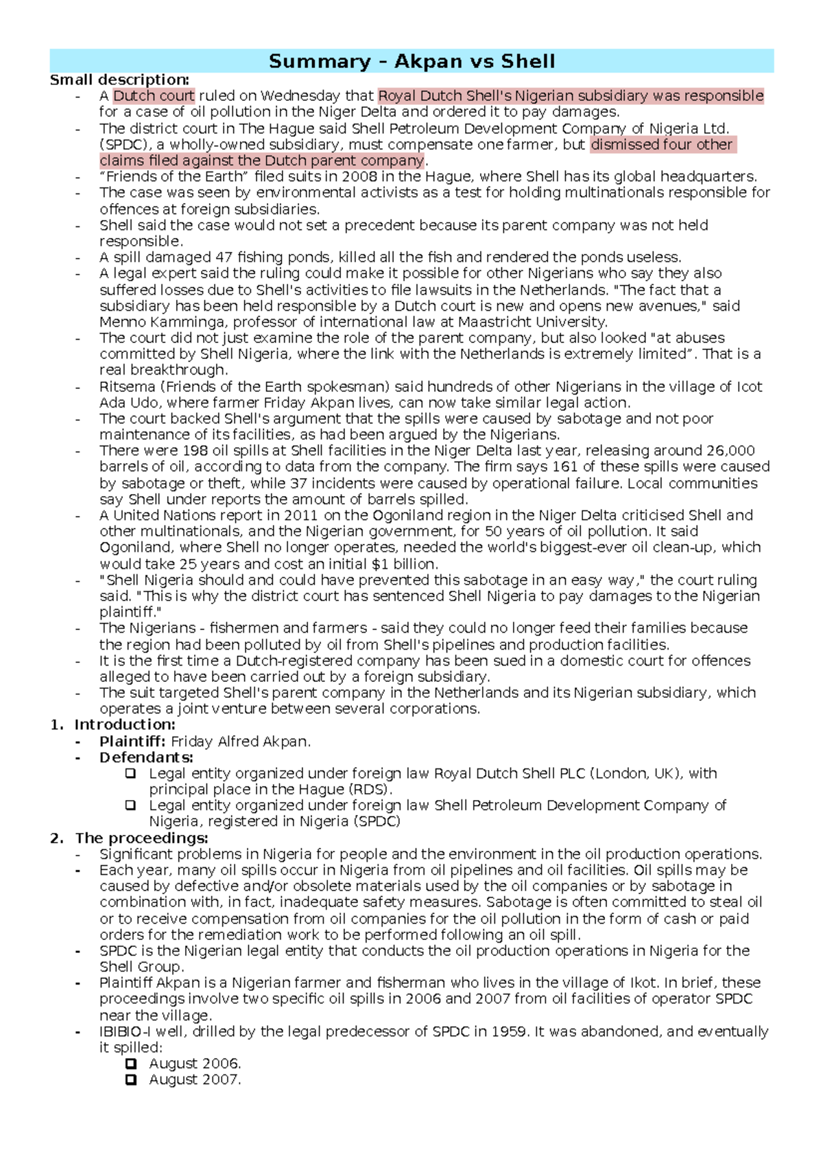 Summary of Akpan vs Shell Judgement - Case Overview and Impact ...