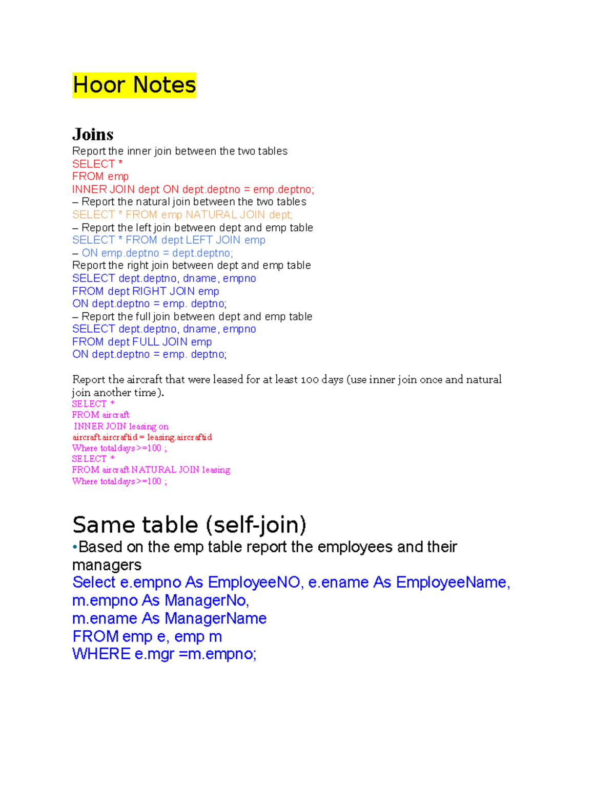 Hoor Notes 2: SQL Joins and Queries Overview - Studocu