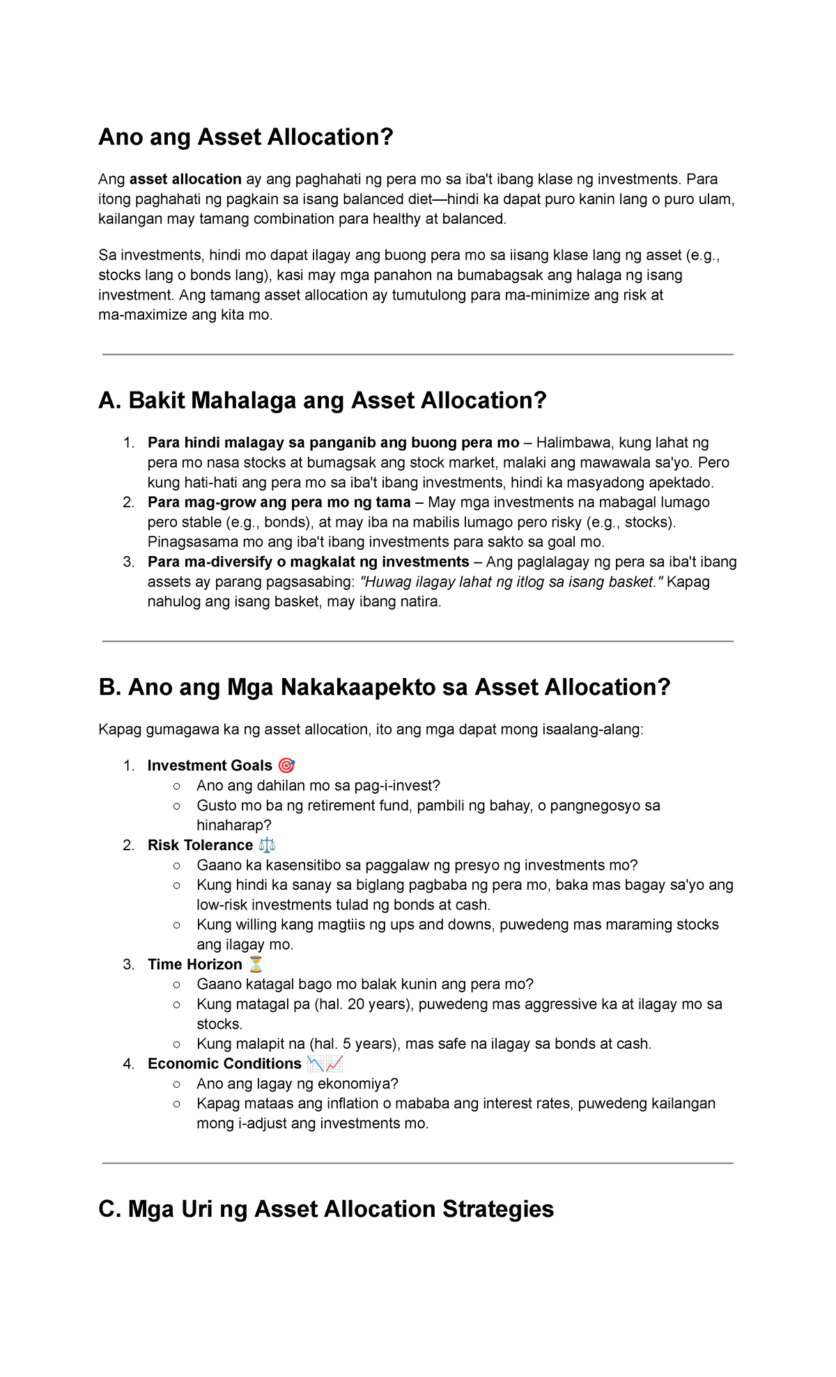 Investment Wk 3-4: Asset Allocation Strategies Overview - Studocu