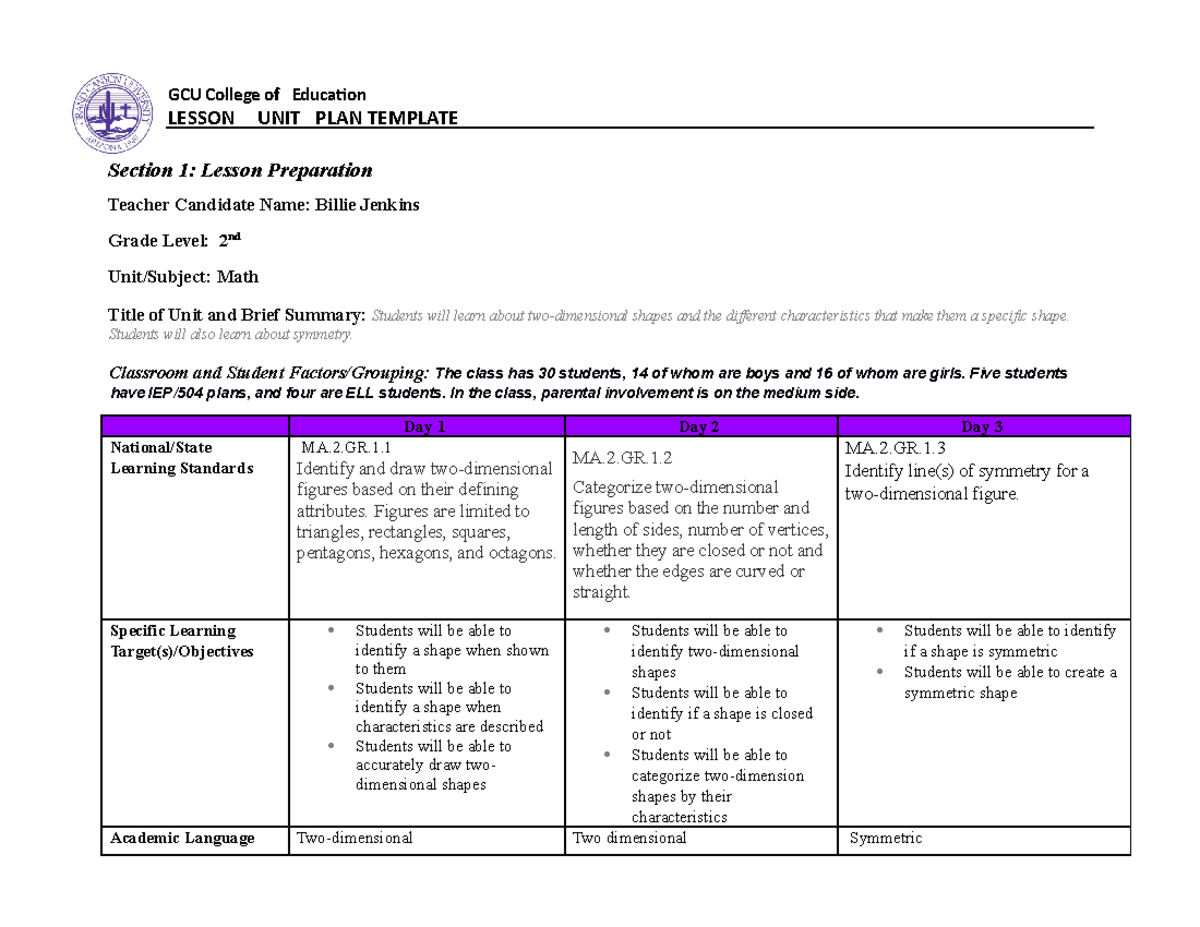Benchmark - Mathematics Unit Plan - Section 1: Lesson Preparation ...