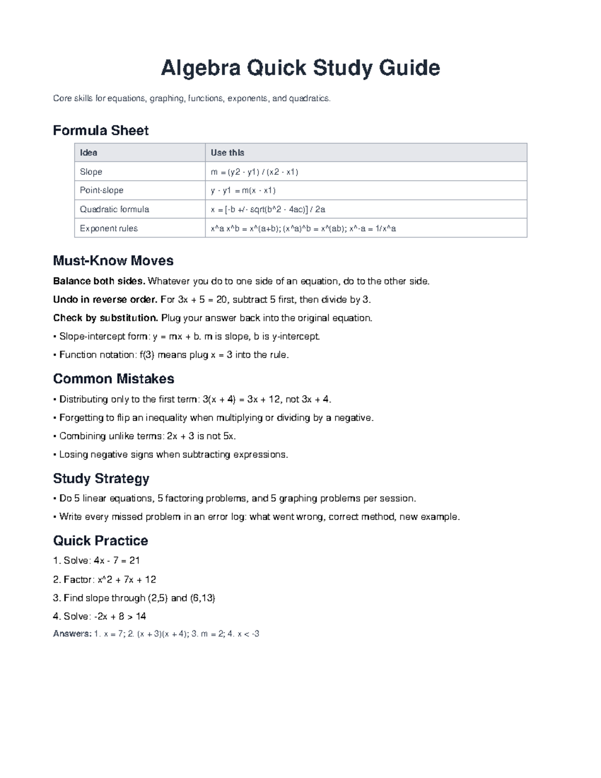 Algebra Study Quick Guide: Core Skills & Formula Sheet - Studocu