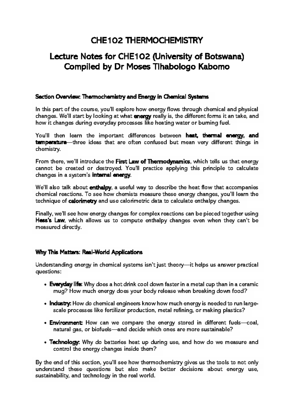 CHE102 THERMOCHEMISTRY Lecture Notes Overview and Key Concepts - Studocu