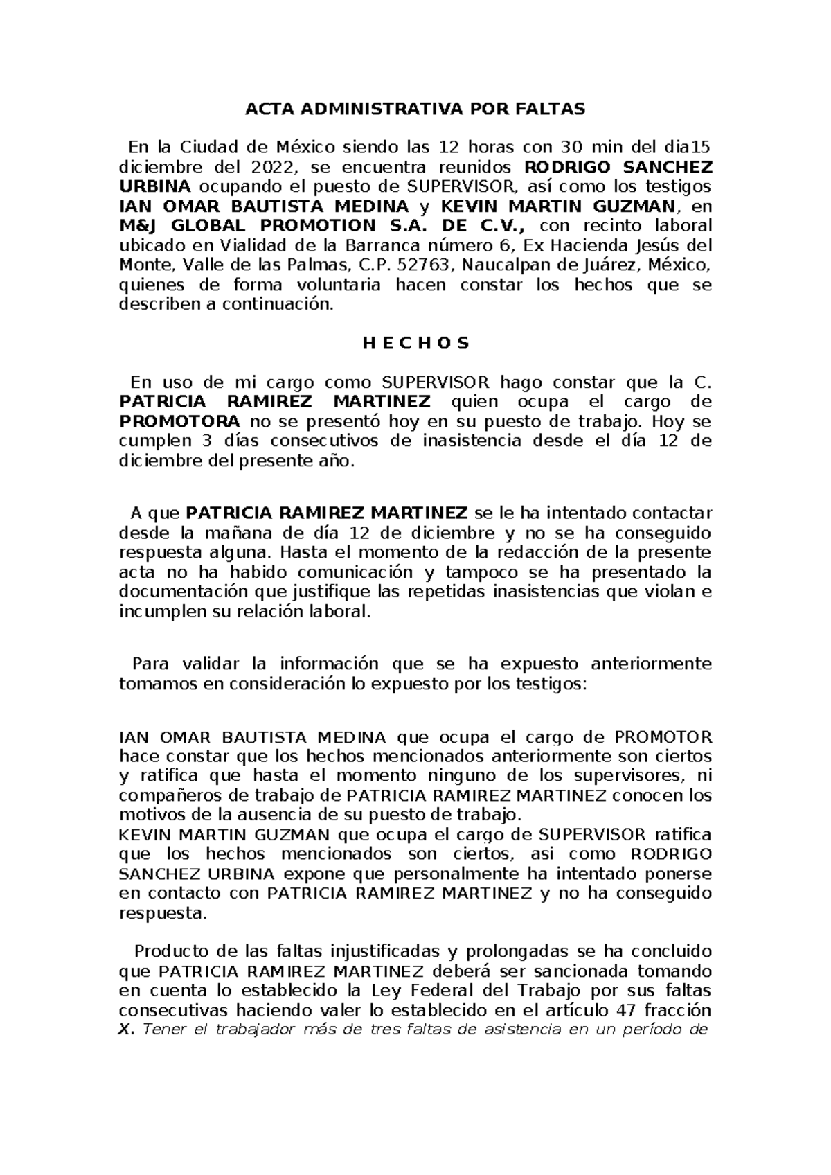 Acta Administrativa por Faltas - ACTA ADMINISTRATIVA POR FALTAS En la ...