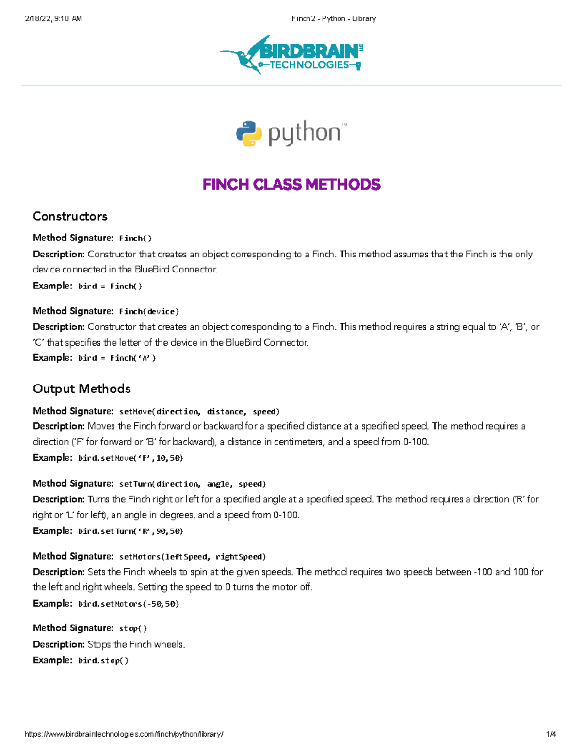 Finch2 Python Library: Class Methods Overview and Examples - Studocu