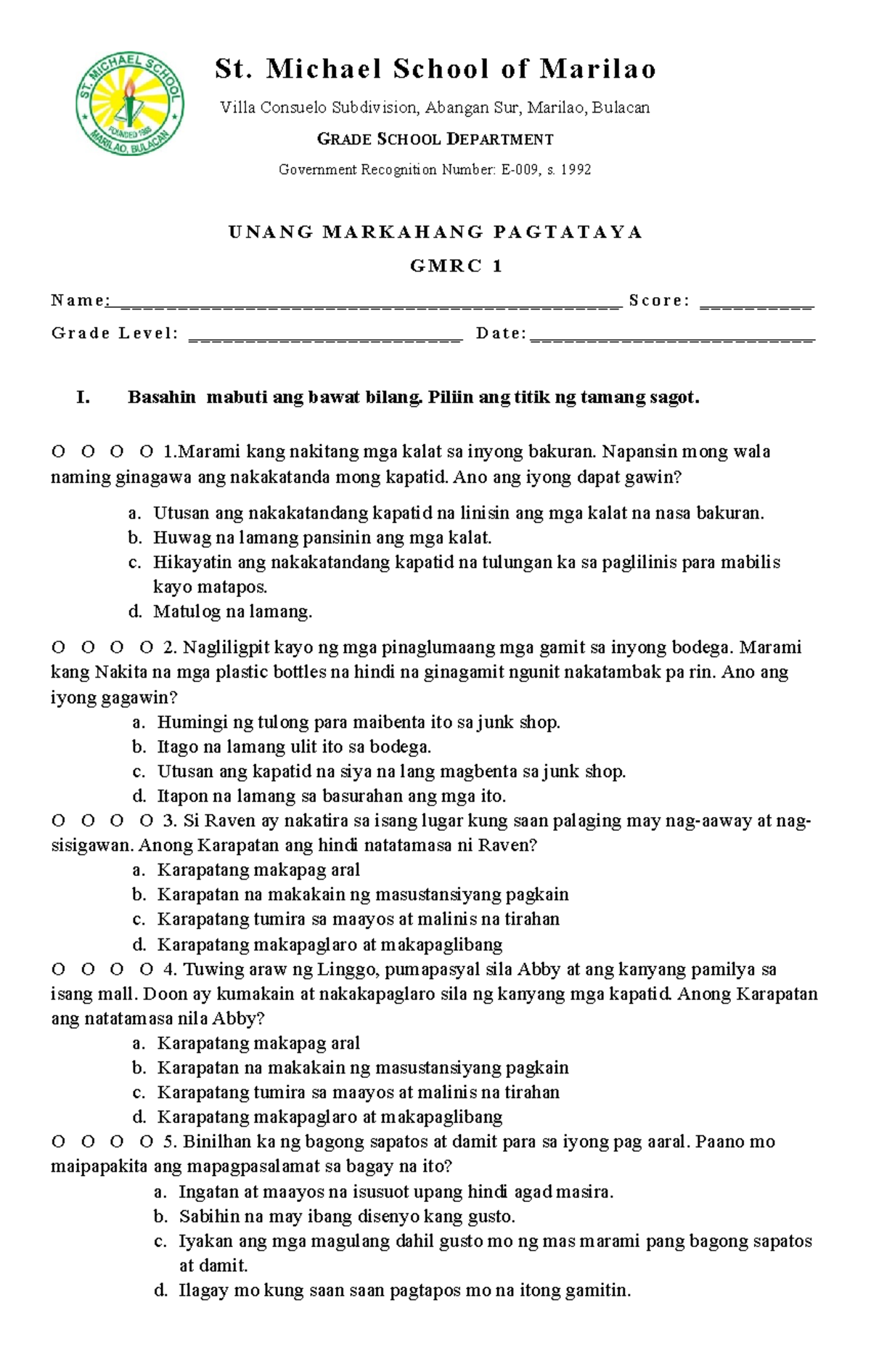 1ST M.A- GMRC1 - GMRC Grade 1 summative test - St. Mi c hael Sc hool of ...