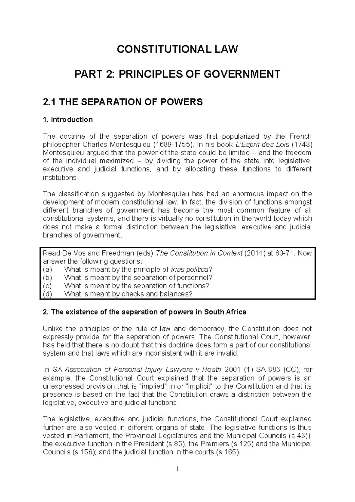 WS3 Separation of Powers - CONSTITUTIONAL LAW PART 2: PRINCIPLES OF ...