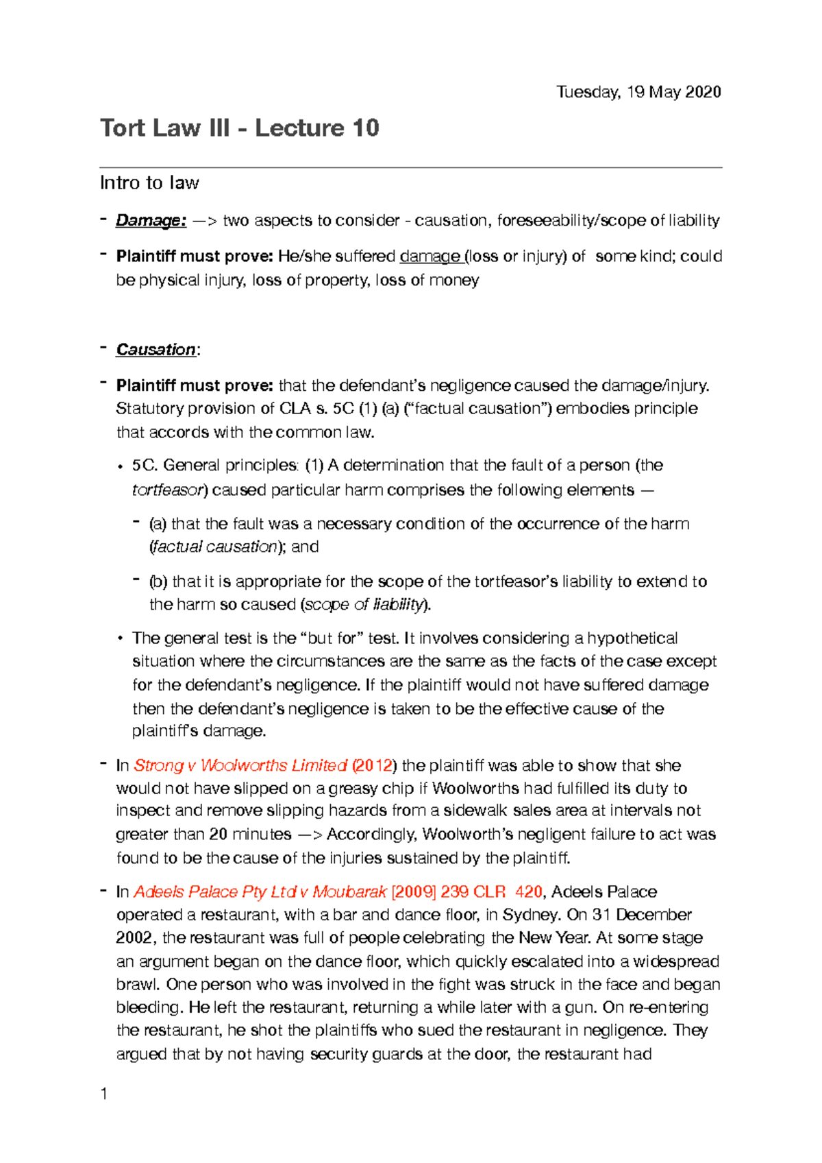 Tort Law III - Lecture 10: Causation and Liability in Negligence - Studocu