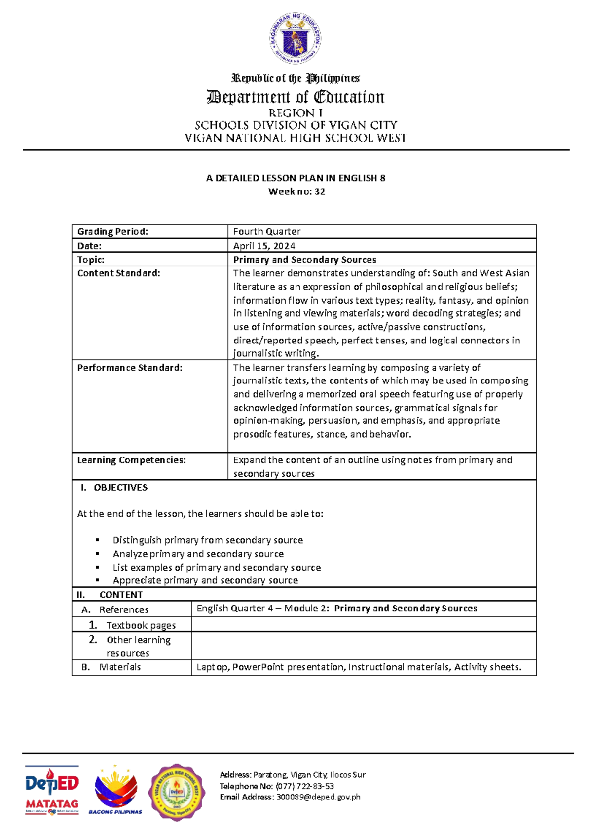 Detailed Lesson Plan in English 8: Primary & Secondary Sources - Studocu