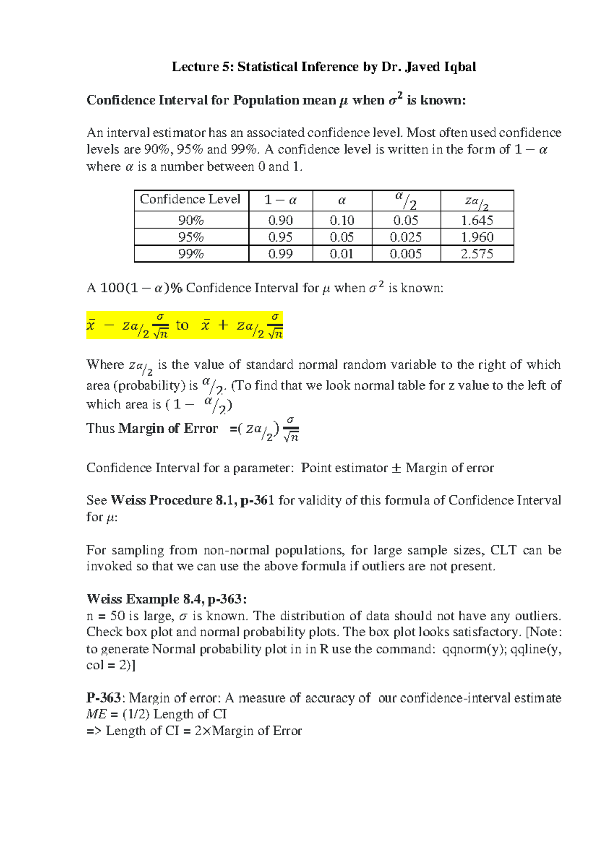 Lecture 5: Confidence Interval for Population Mean (Statistical ...
