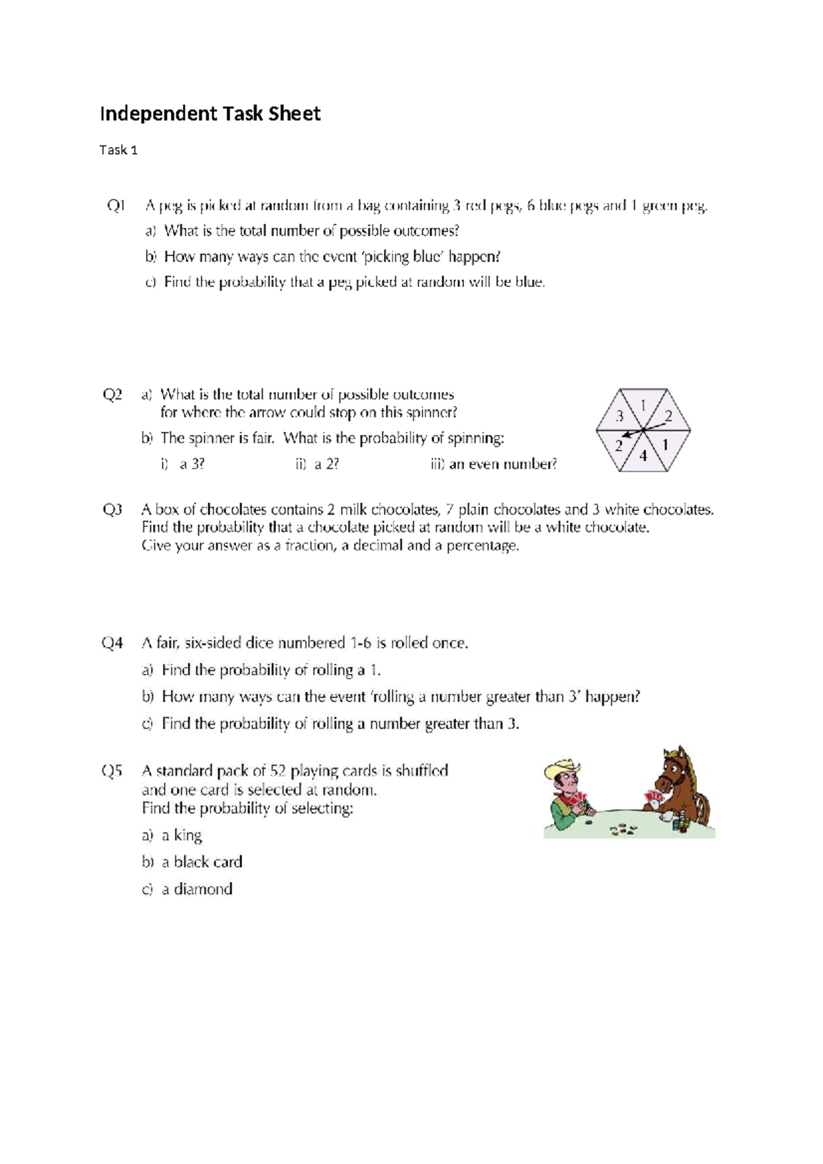 Math Task Sheet - Probability Questions and Solutions (Independent Task ...