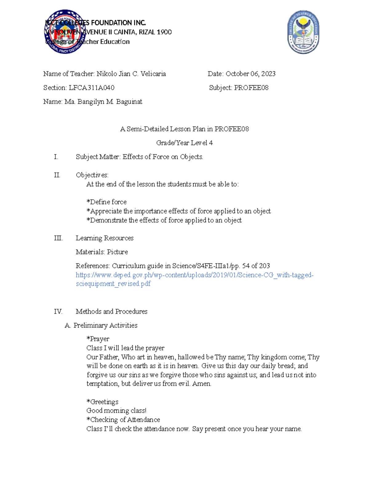 Semi-Detailed Lesson Plan (PROFEE) - Effects of Force on Objects - Studocu