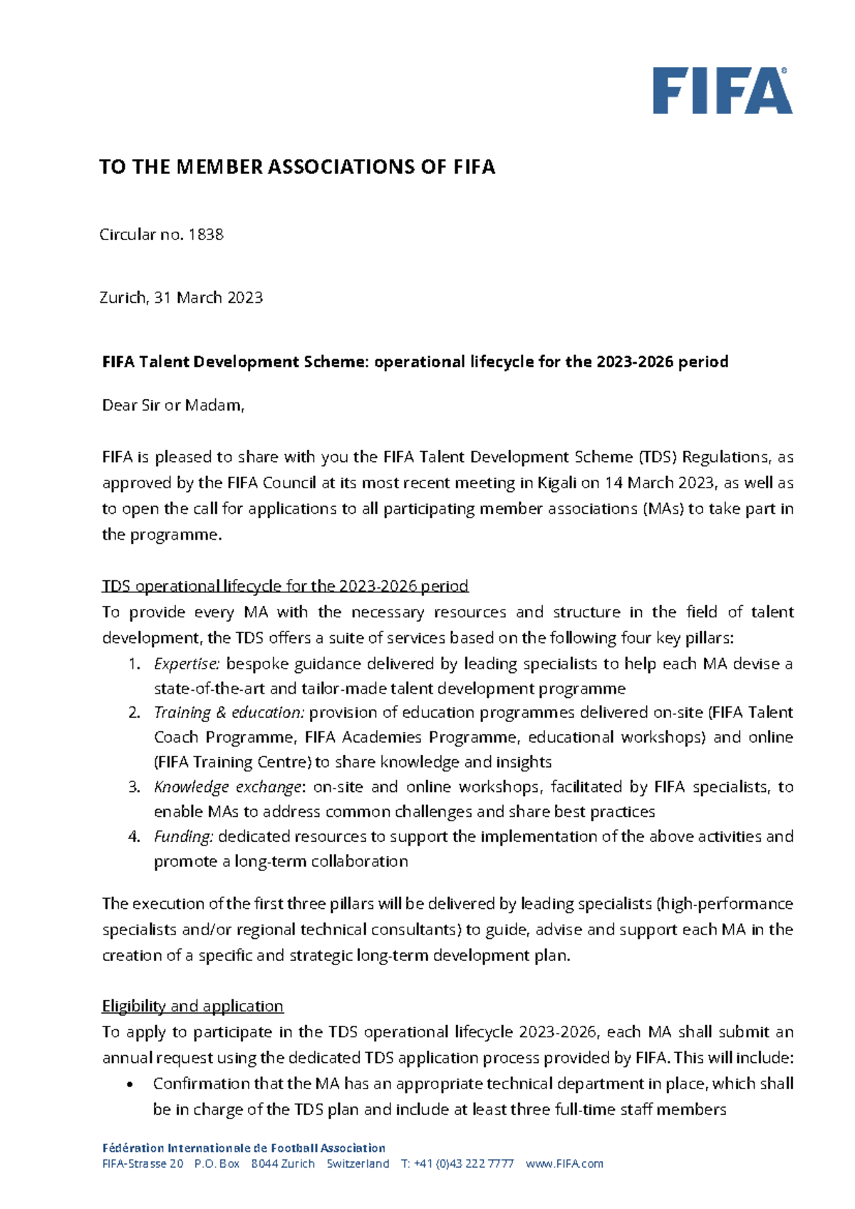 FIFA Circular #1838: Talent Development Scheme Details (2023-2026 ...