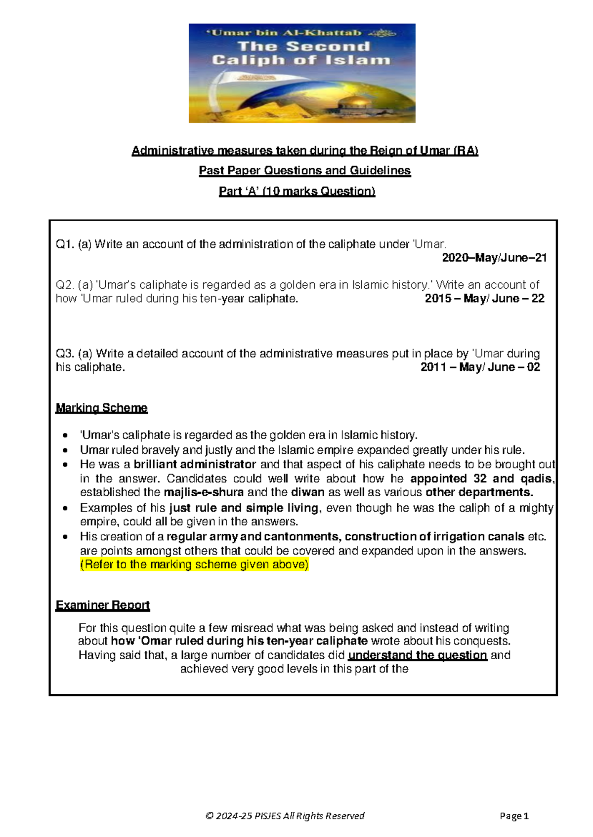 Ch7: Administrative Measures of Caliph Umar (RA) - Past Paper Insights ...