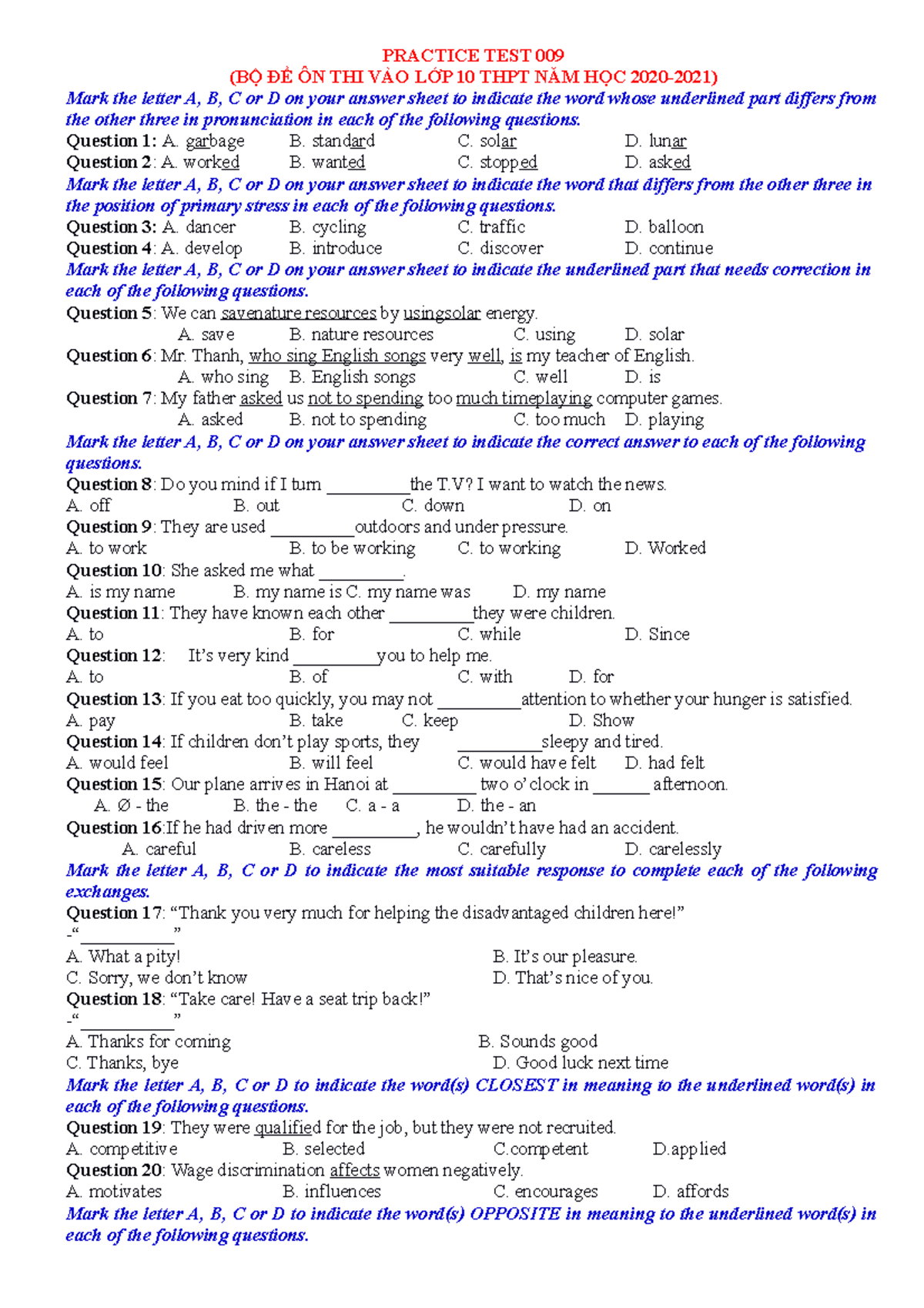 09. Practice Test 009 - Preparation for Grade 10 Entrance Exam - Studocu