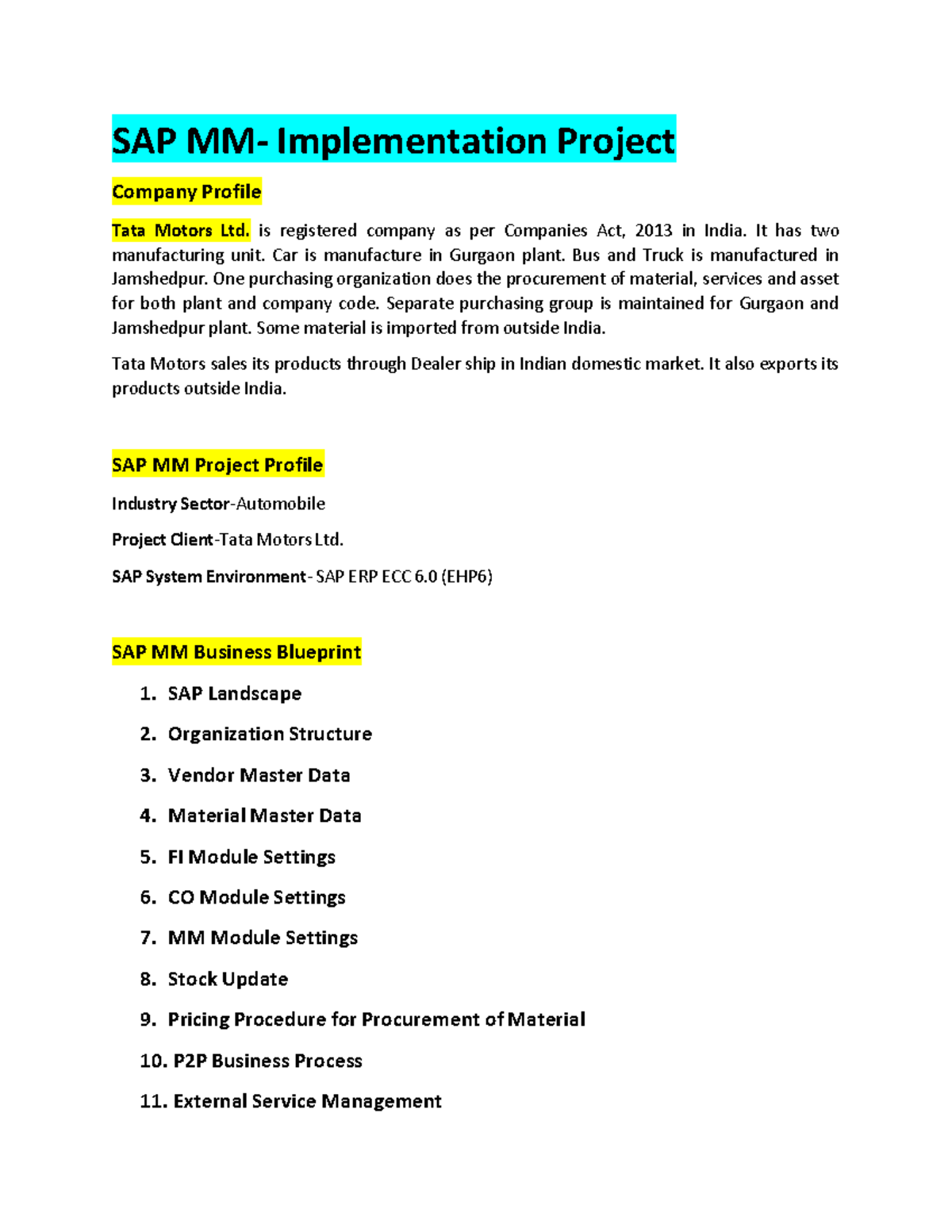 Sap mm implementation project profile for tata motors ltd. - Studocu
