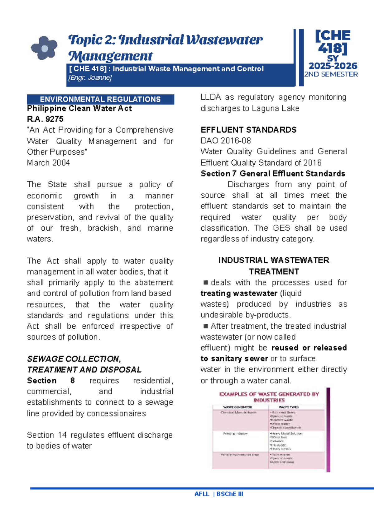 Industrial Wastewater Management: CHE AFLL BSChE Topic 2 Lecture Notes ...