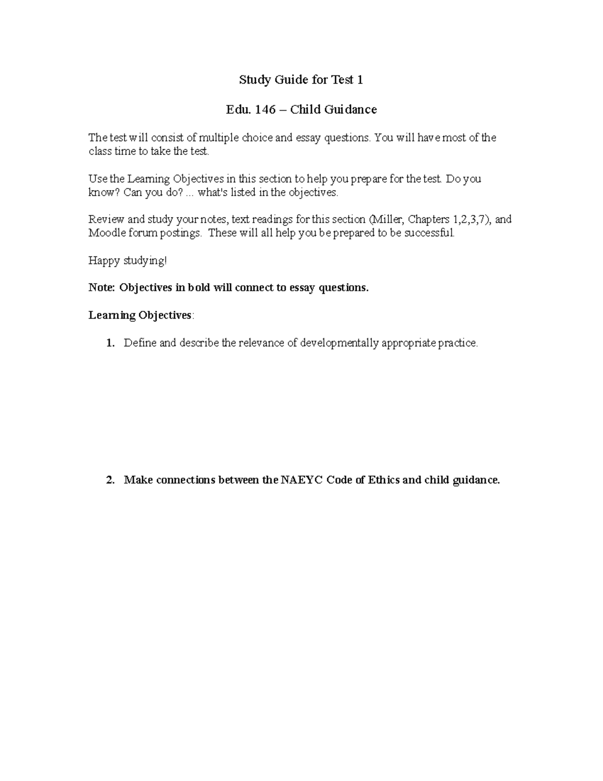 Study Guide for Test 1 - EDU 146: Child Guidance Preparation - Studocu