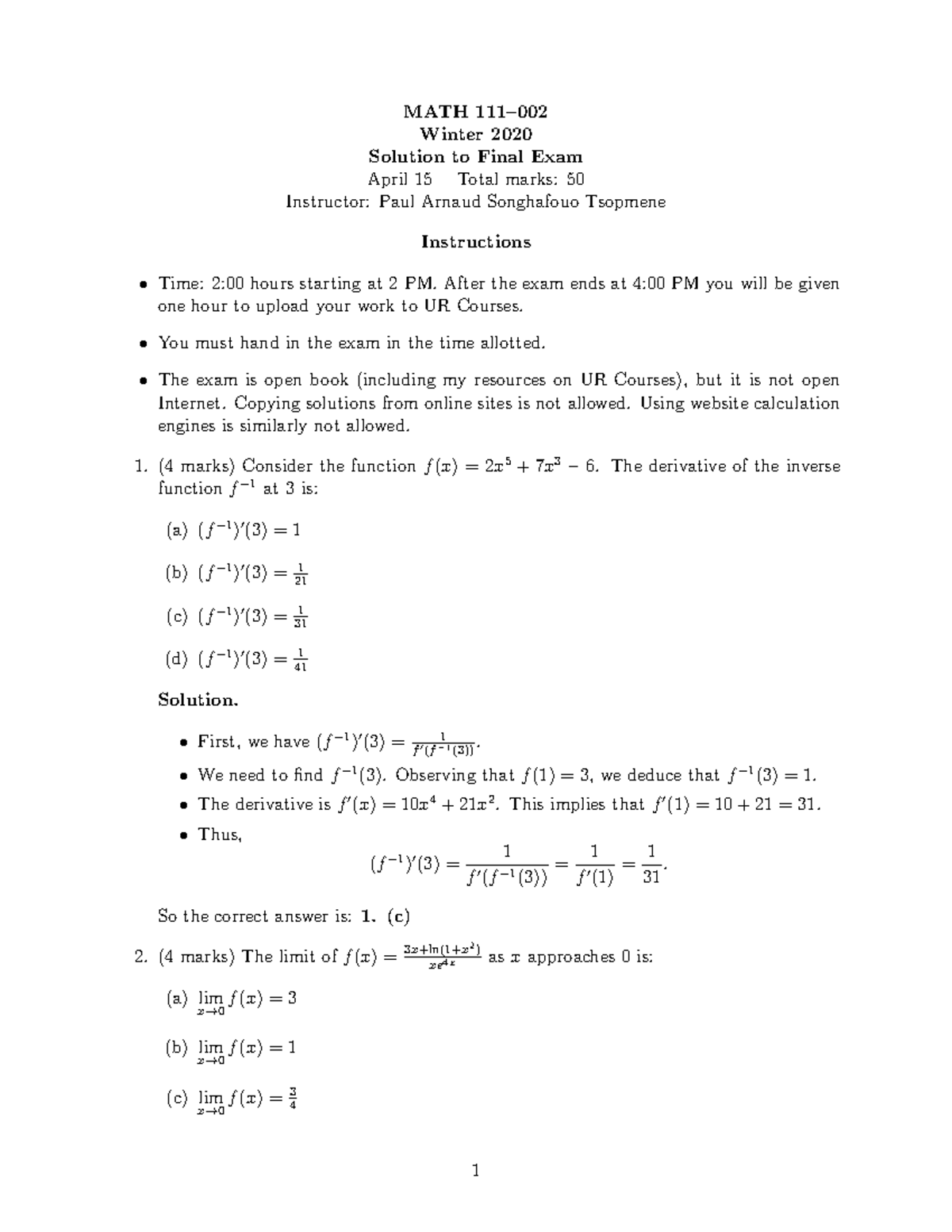 MATH111 Final Exam Winter 2020 Solutions and Detailed Explanations ...