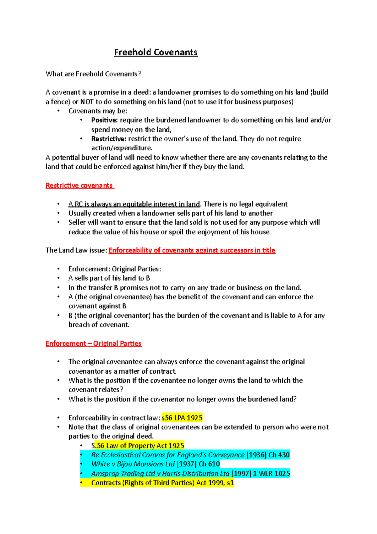 Freehold Covenants - Lecture Notes on Land Law Issues & Enforcement ...