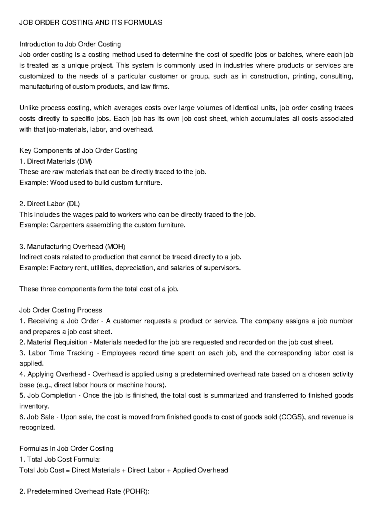Job Order Costing and Formulas: A Comprehensive Guide - Studocu
